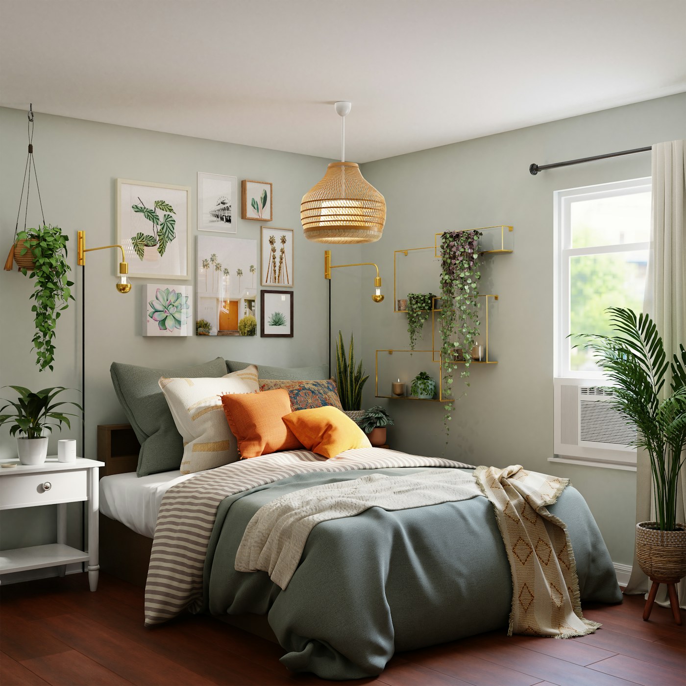 A restful bedroom with soft furnishings, natural light and leafy plants